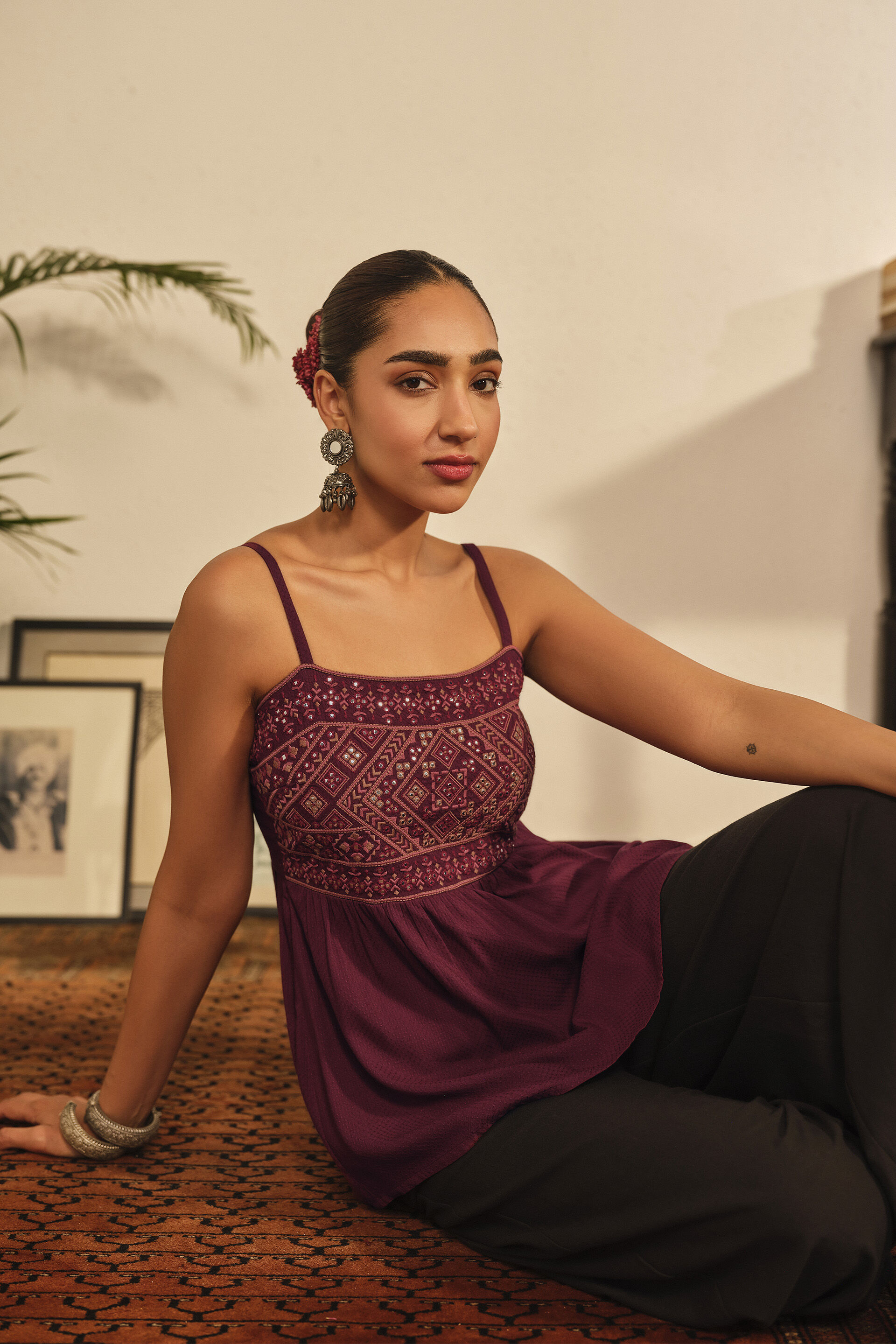 Embroidered Strappy Peplum Top in Wine, Wine, image 3